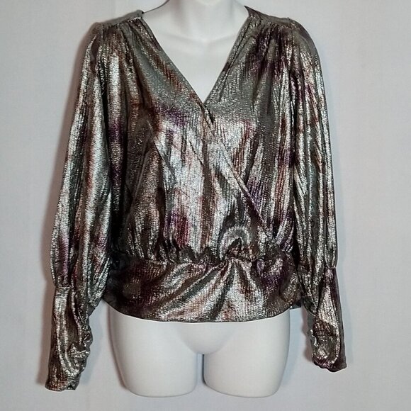 Maison d` Amelie Silver Pink Metallic Long Sleeve Blouse Cross Ovr Front Med New - Picture 1 of 3